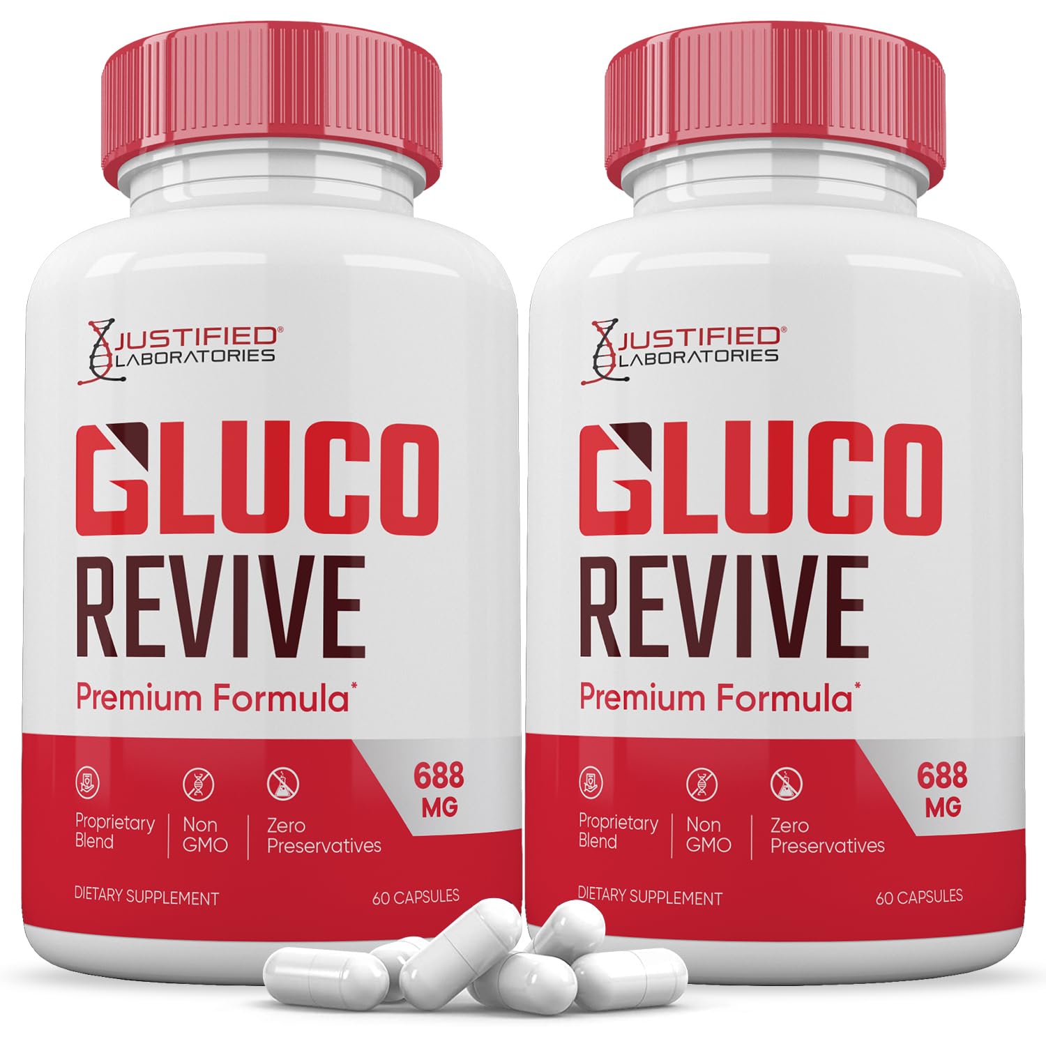 Justified Laboratories Gluco Revive bottle with premium herbal capsules for daily wellness.