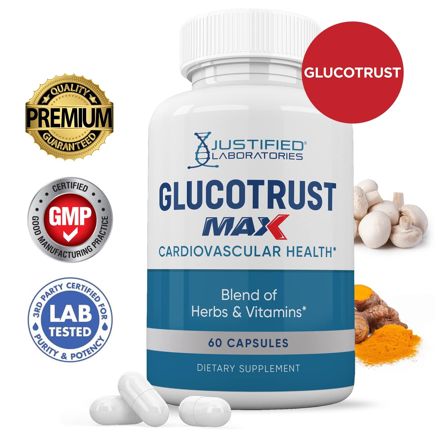 Justified Laboratories Glucotrust Max capsules close-up for simple daily dosing