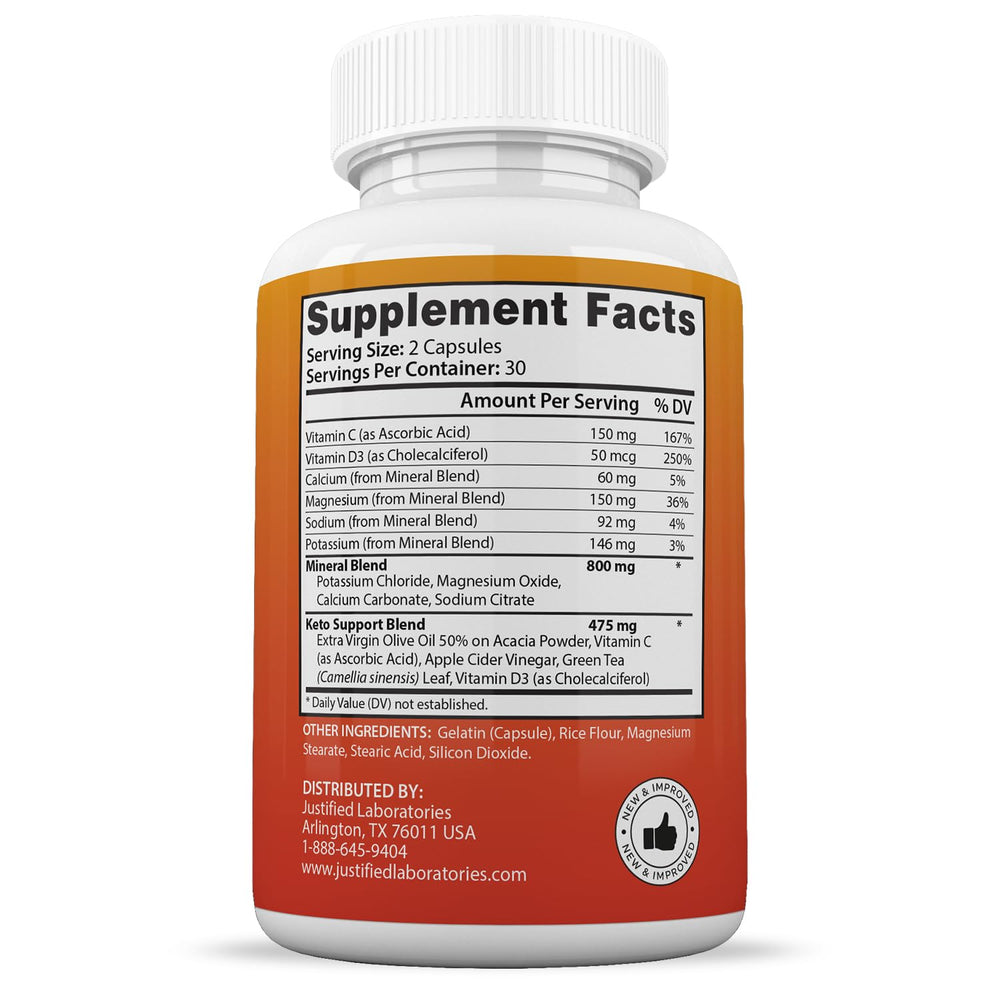 Justified Laboratories Keto GT capsules beside water for pre-meal intake.