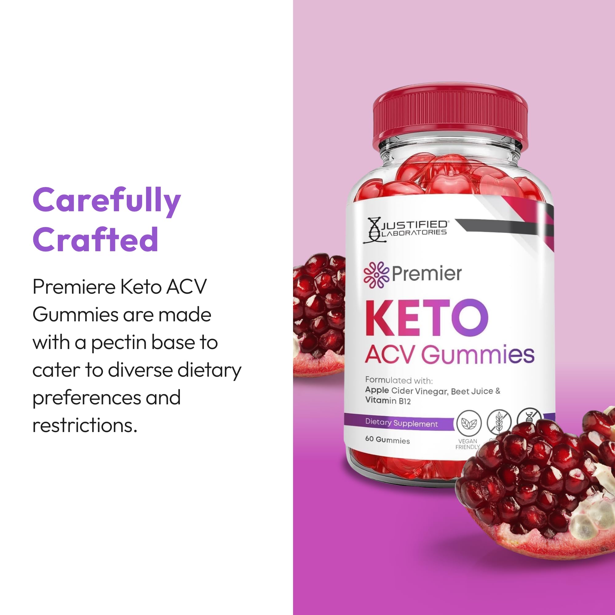 Justified Laboratories Premier Keto ACV Gummies, etiqueta de seguridad y calidad del producto