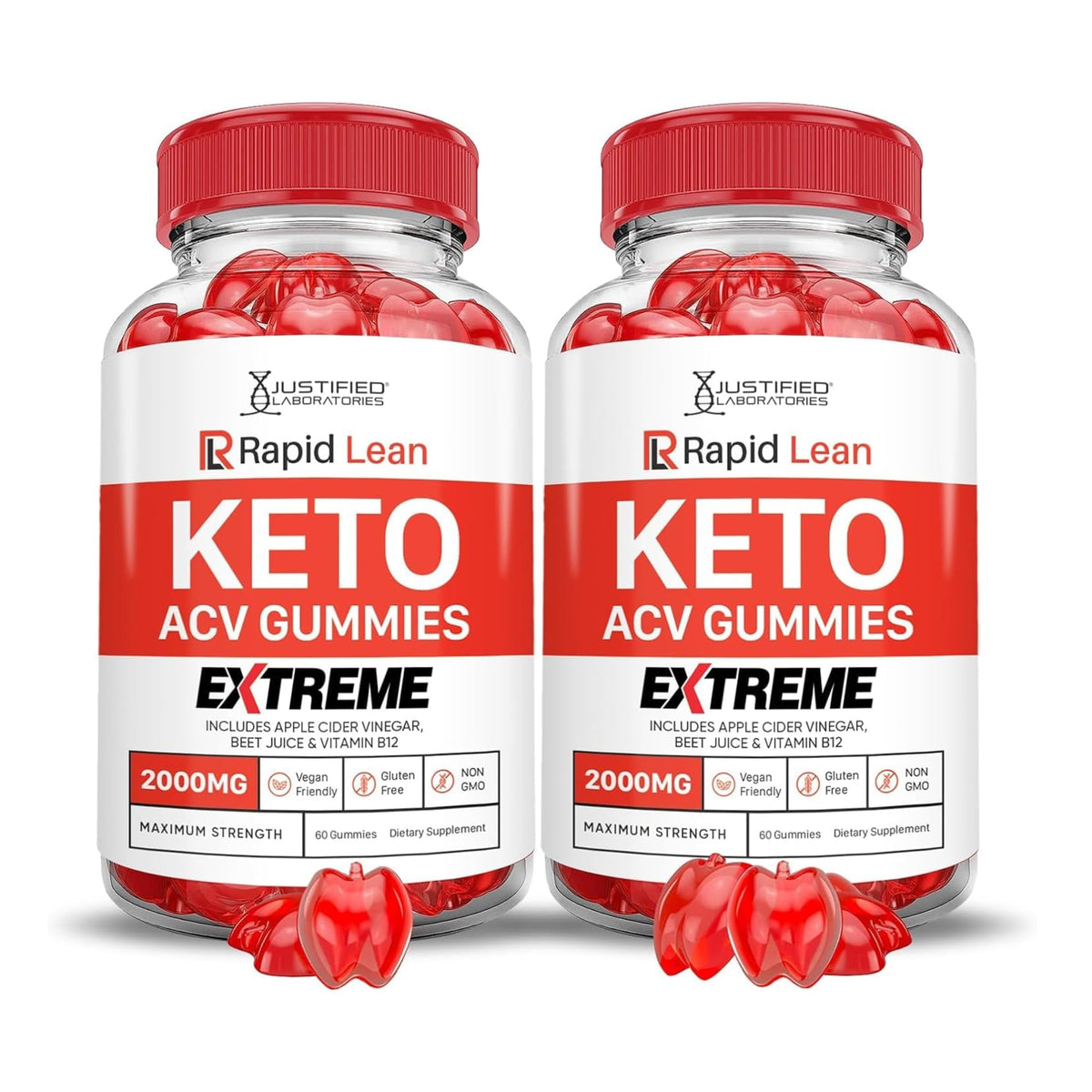 Justified Laboratories Rapid Lean Keto ACV Gummies 2-pack: envase práctico para tu rutina diaria.