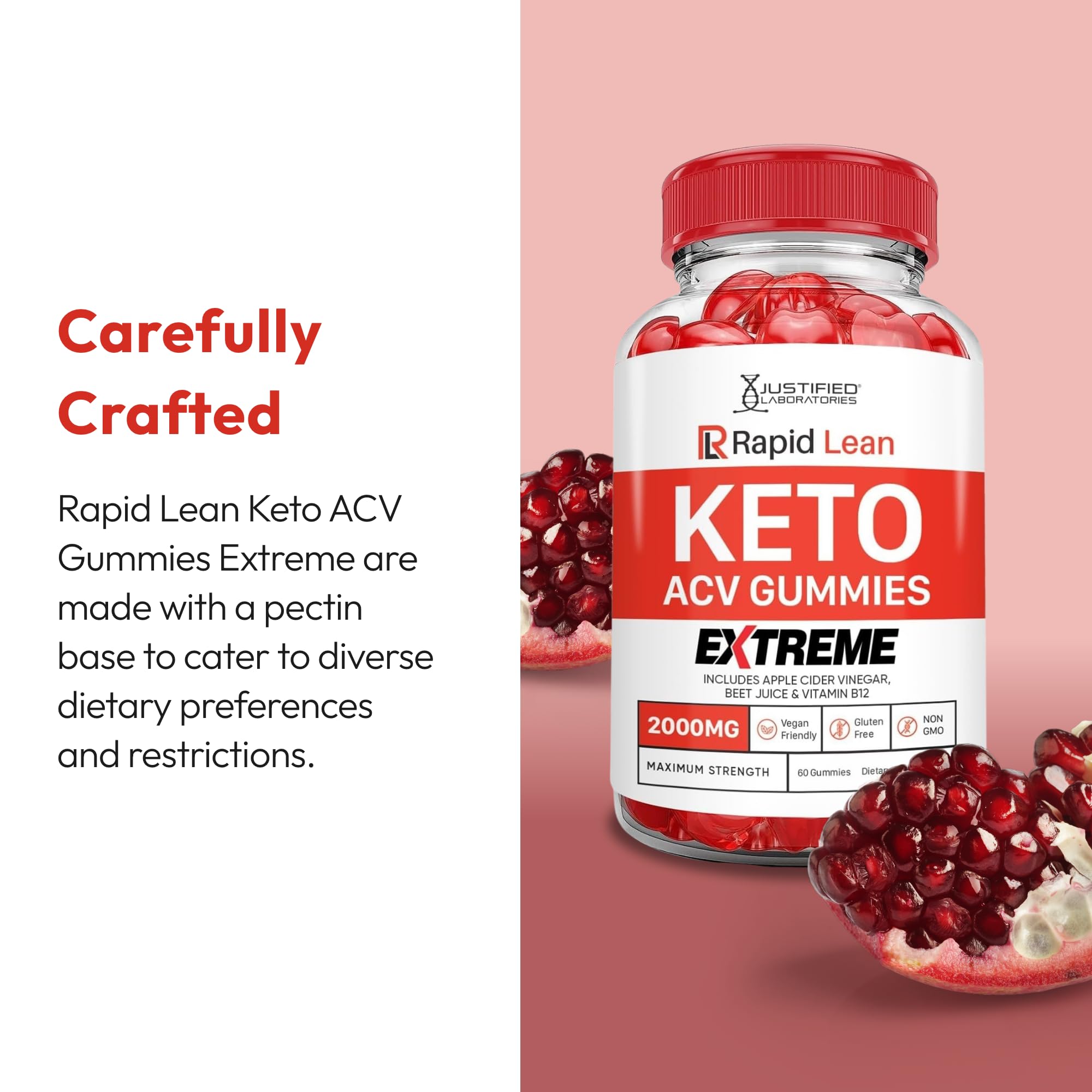 Justified Laboratories Rapid Lean Keto ACV Gummies sabor intenso para snack Keto.