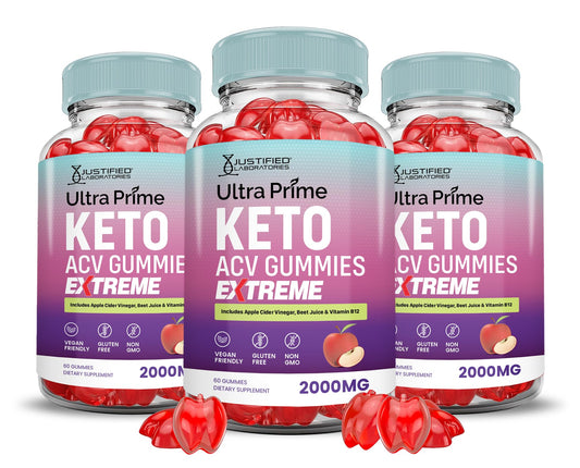 Justified Laboratories Ultra Prime Keto ACV Gummies 3-pack front view for convenient daily use.