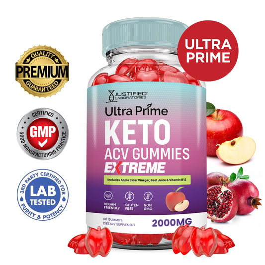 Justified Laboratories Ultra Prime Keto ACV Gummies bottle close-up highlighting natural color.