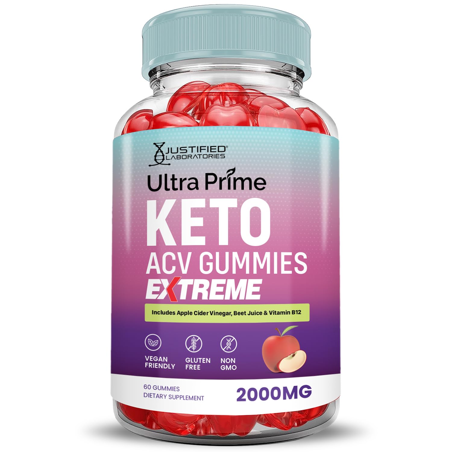 Justified Laboratories Ultra Prime Keto ACV Gummies ingredients label shown with vegan non-GMO badge.
