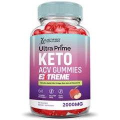 Justified Laboratories Ultra Prime Keto ACV Gummies ingredients label shown with vegan non-GMO badge.