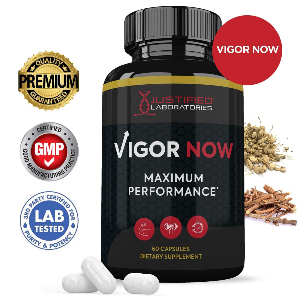 Justified Laboratories Vigor Now Max capsules closeup showing easy-to-take capsules.