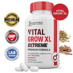 Justified Laboratories Vital Grow XL Extreme capsules close-up highlights premium ingredients for men's health.