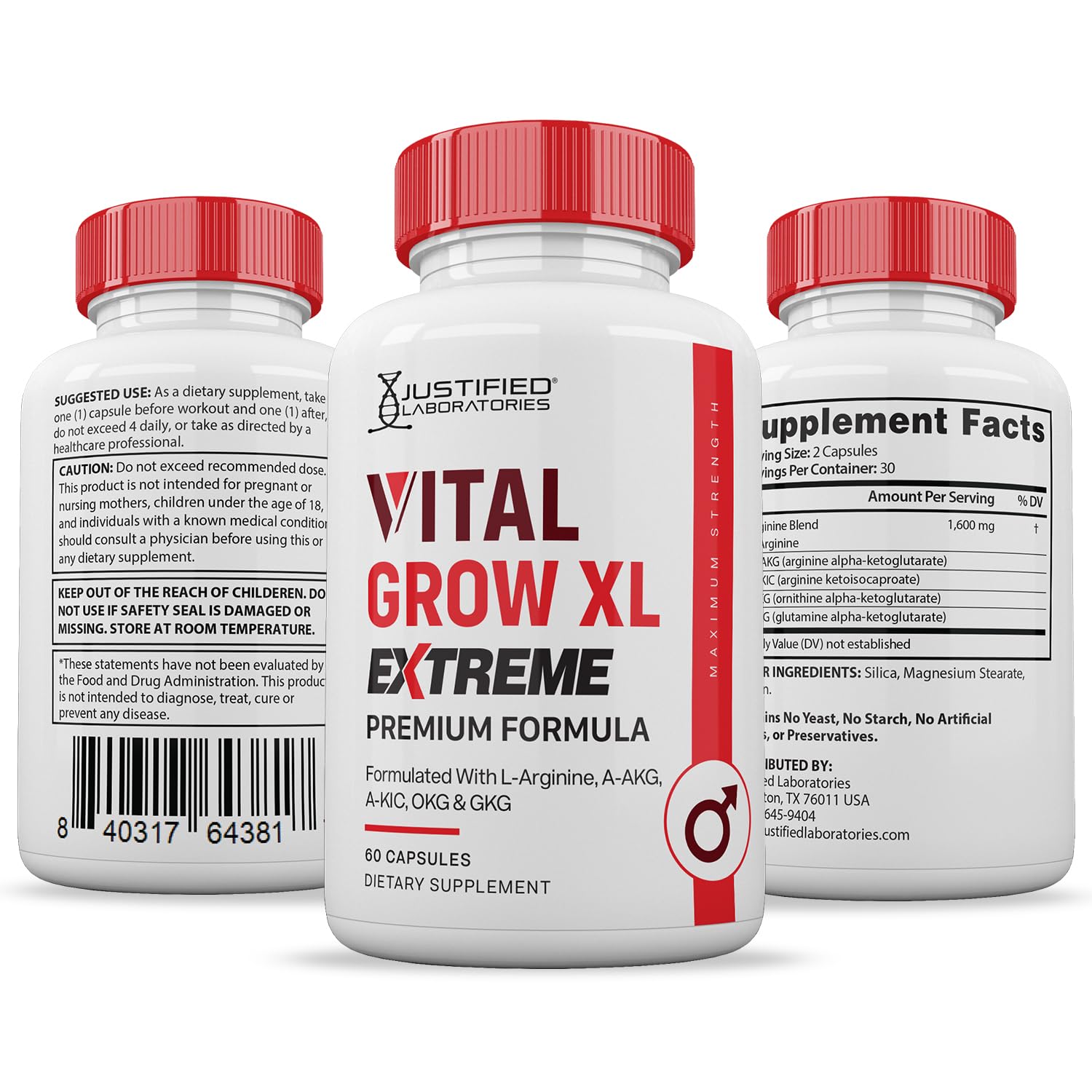 Justified Laboratories Vital Grow XL Extreme packaging on countertop suggests accessible wellness support.