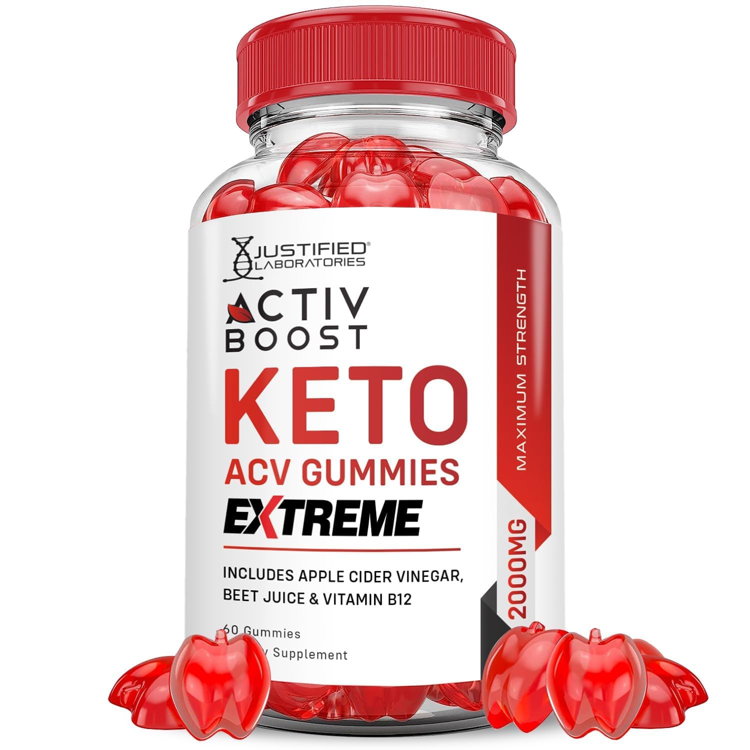 Justified Labs ActivBoost Keto ACV Gummies bottle with vibrant red gummies for daily support