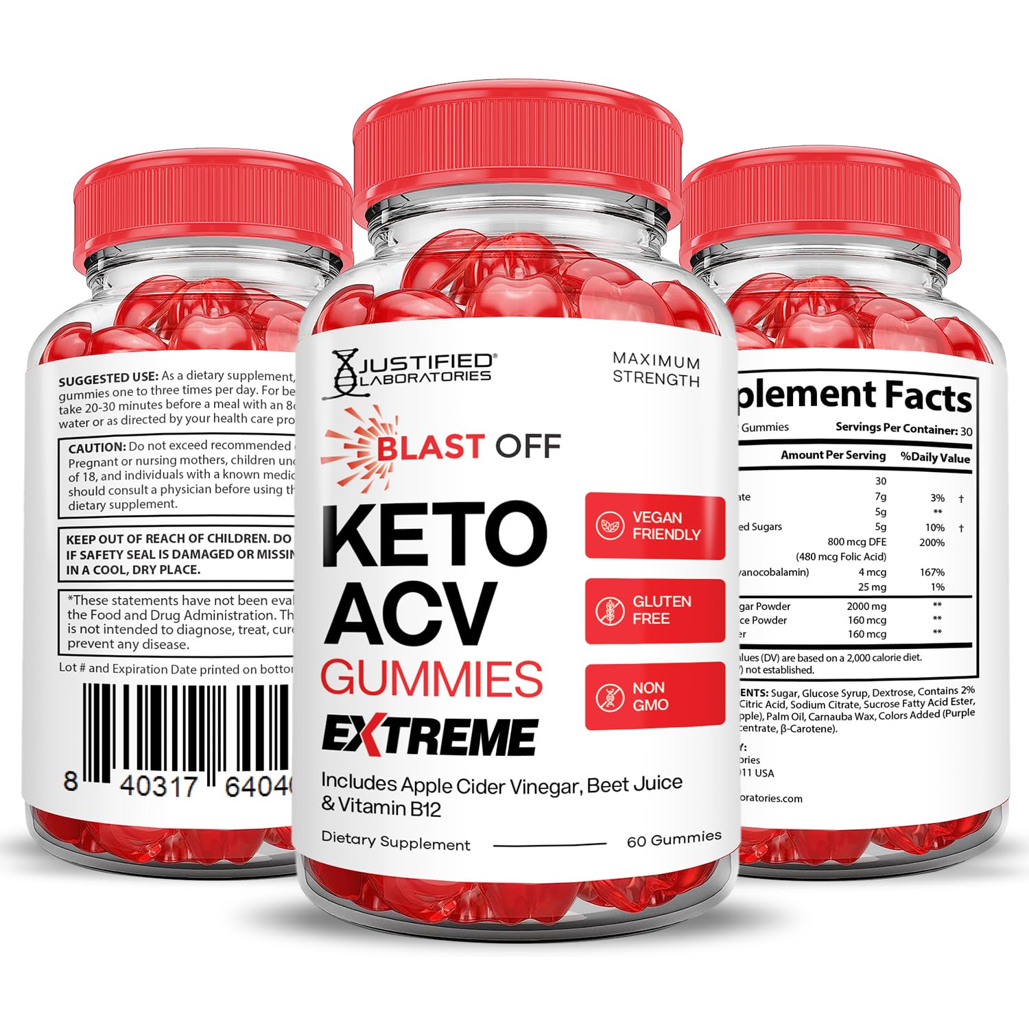 Justified Laboratories Blast Off Keto ACV Gummies ingredients closeup hints beet juice and B12.