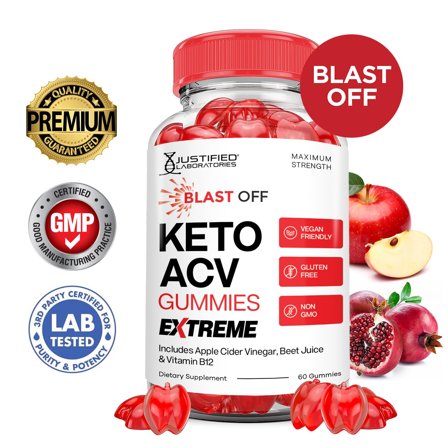 Justified Laboratories Blast Off Keto ACV Gummies jar closeup highlights texture.