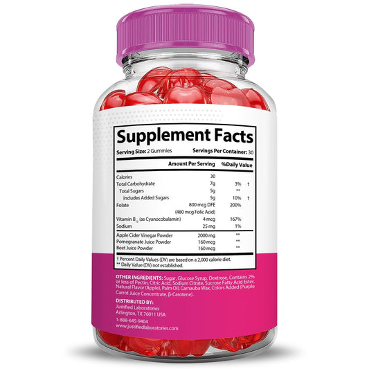 Justified Laboratories Bliss Keto Gummies ingredients panel shows beet and pomegranate