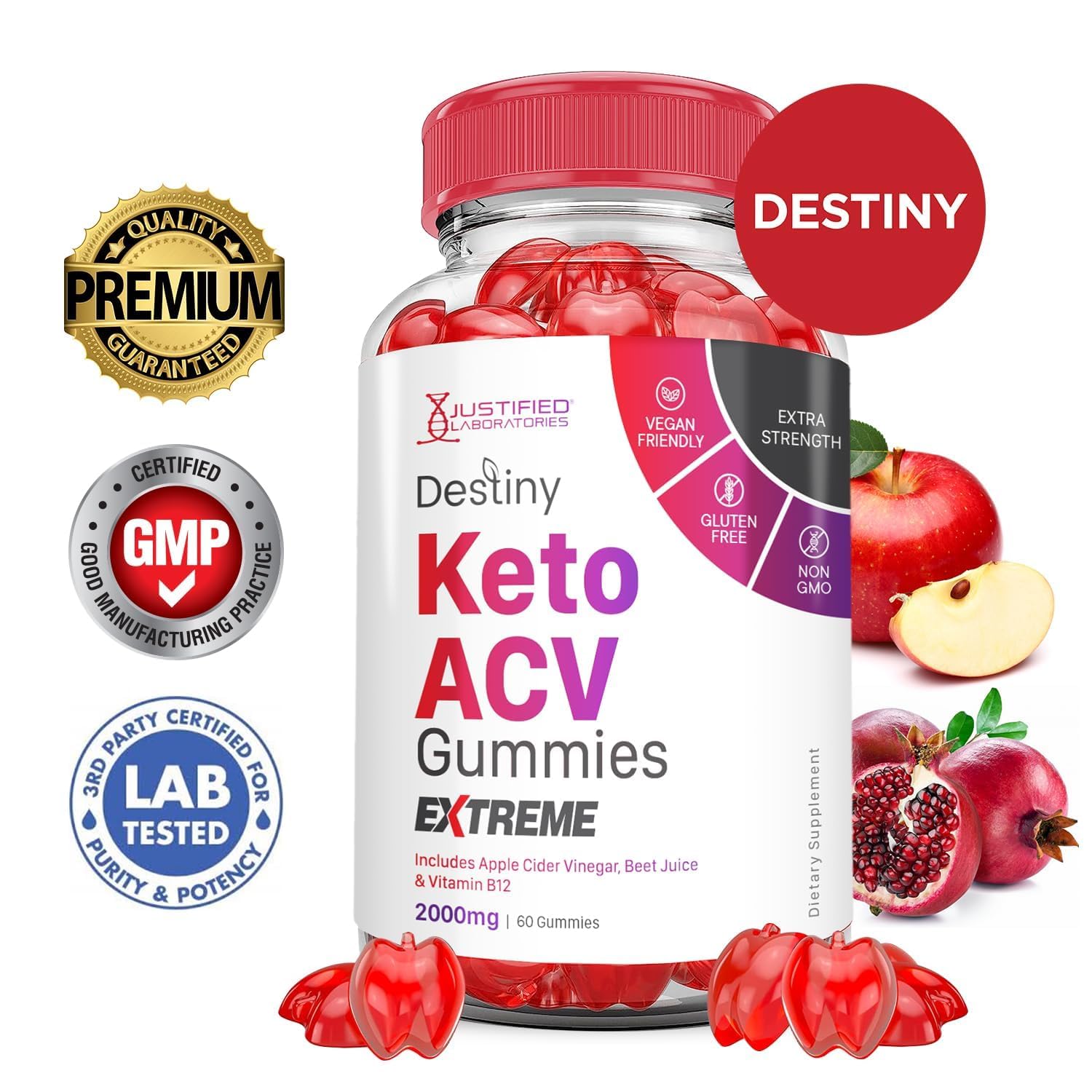 Destiny Keto ACV Gummies highlighting apple cider vinegar ingredients for daily use.