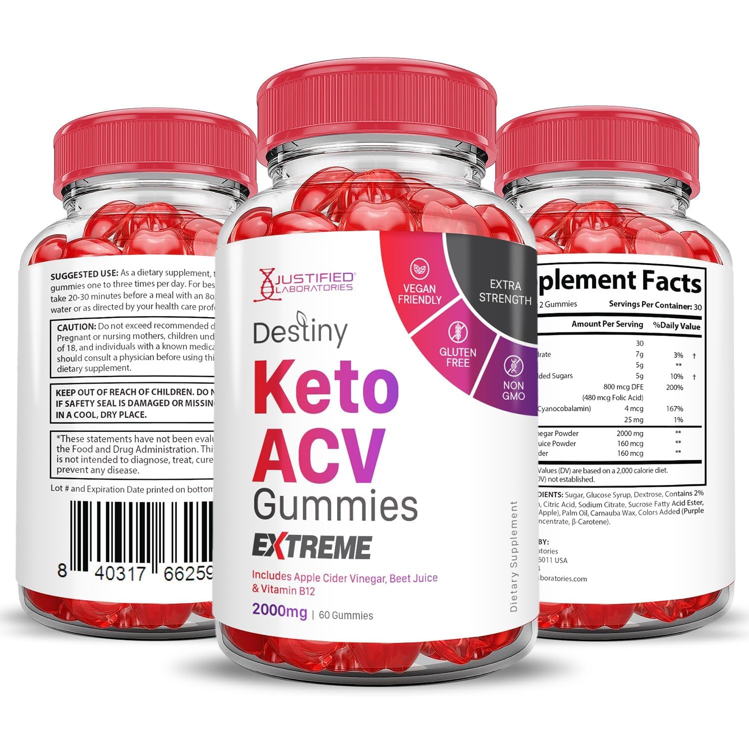 Destiny Keto ACV Gummies vegan pectin base ensures gluten-free, gelatin-free formula.