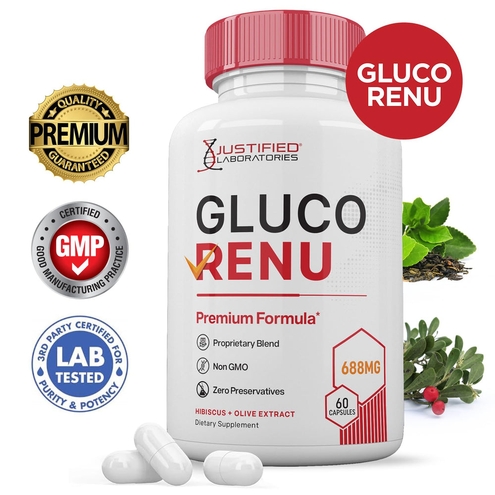 Justified Laboratories Gluco Renu 3-pack on counter for easy routines.