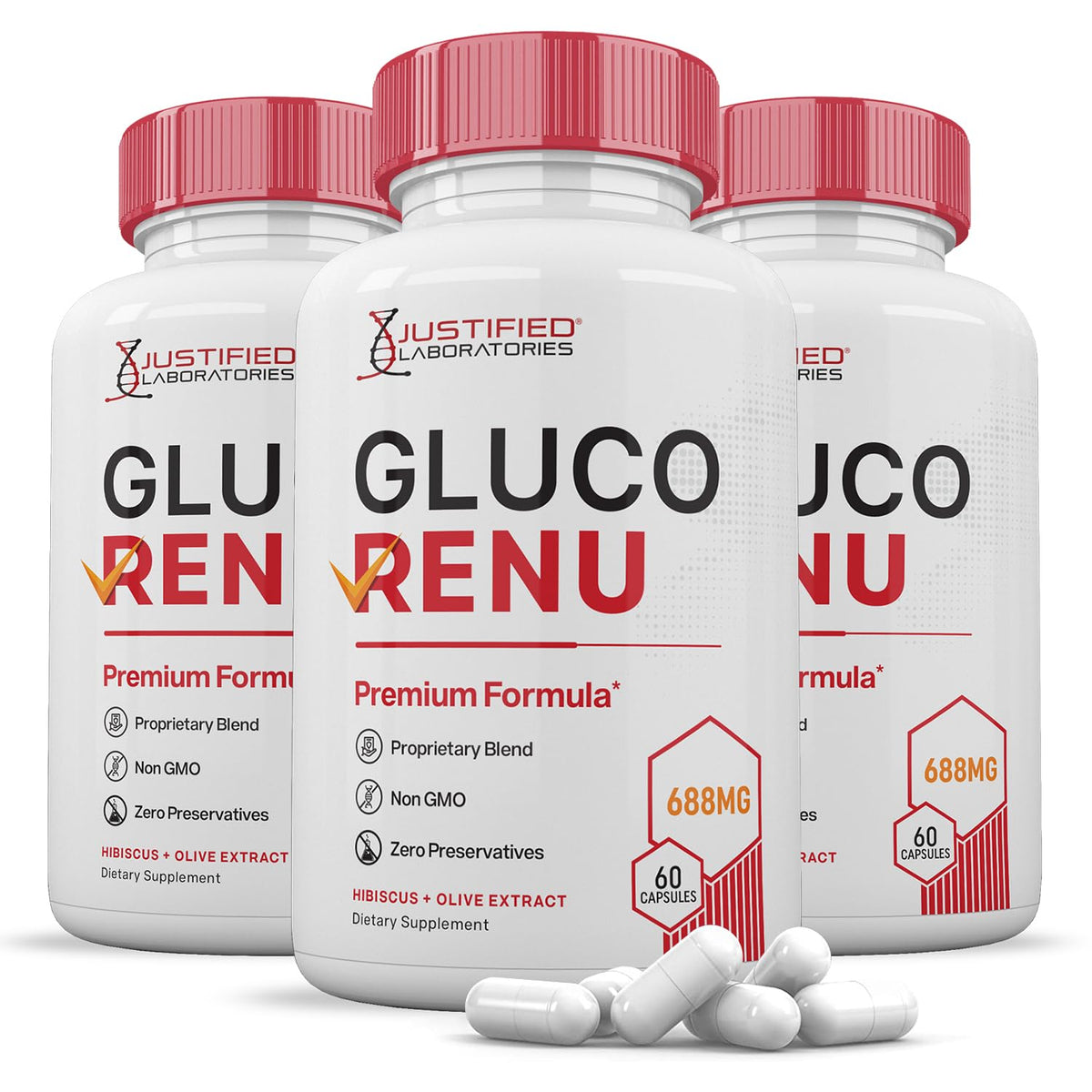 Justified Laboratories Gluco Renu bottle for daily wellness support.