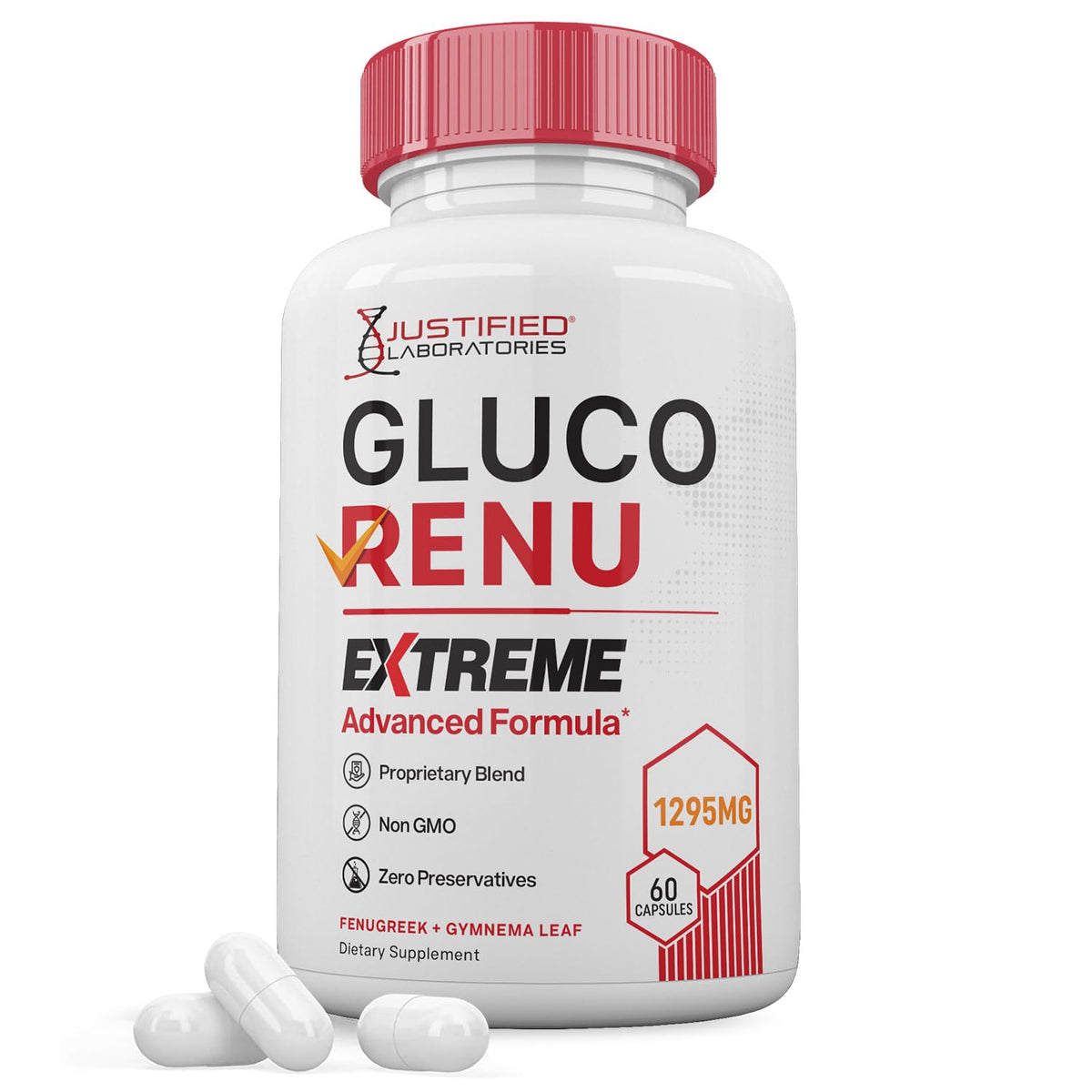 Justified Laboratories Gluco Renu Extreme bottle with capsules for daily wellness support.