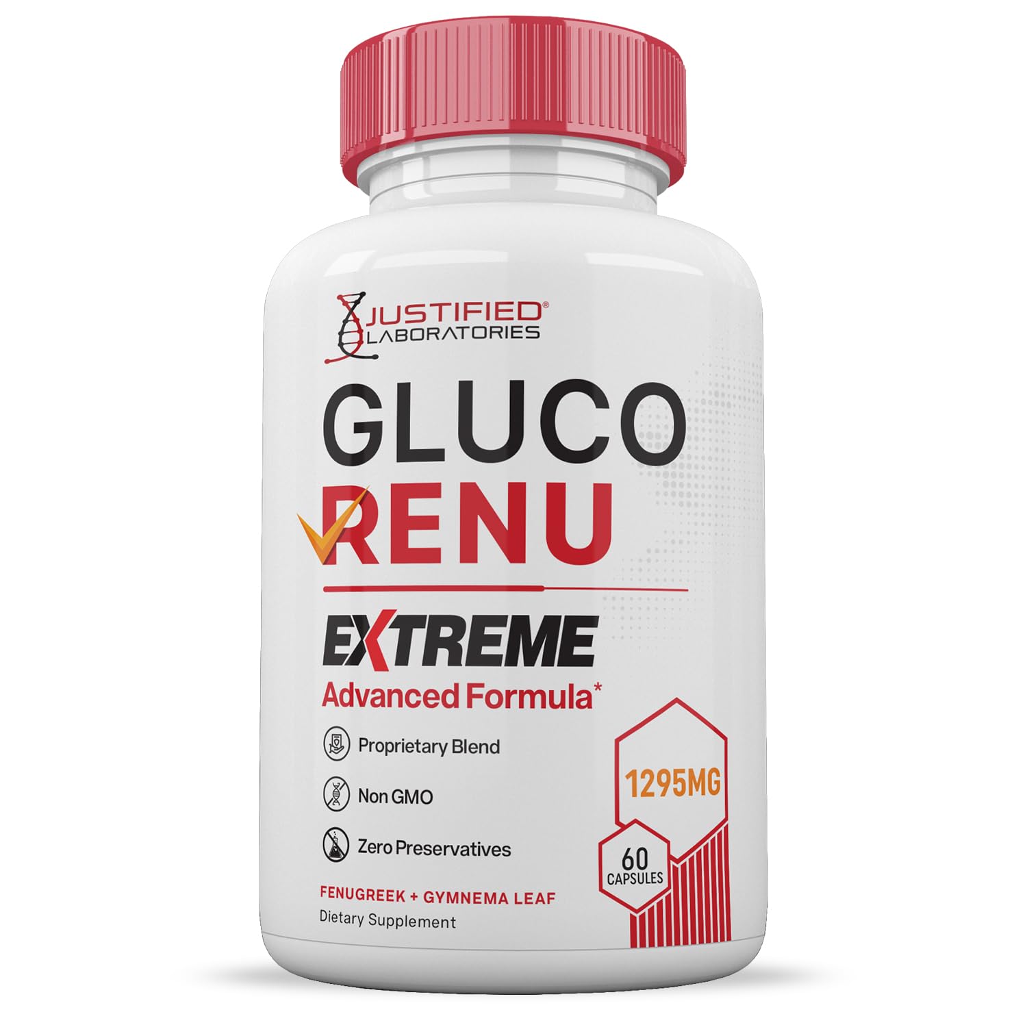 Justified Laboratories Gluco Renu Extreme 60 capsules demonstrate convenient daily dosage.