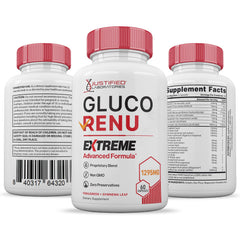 Justified Laboratories Gluco Renu Extreme bottle in a morning routine setup.
