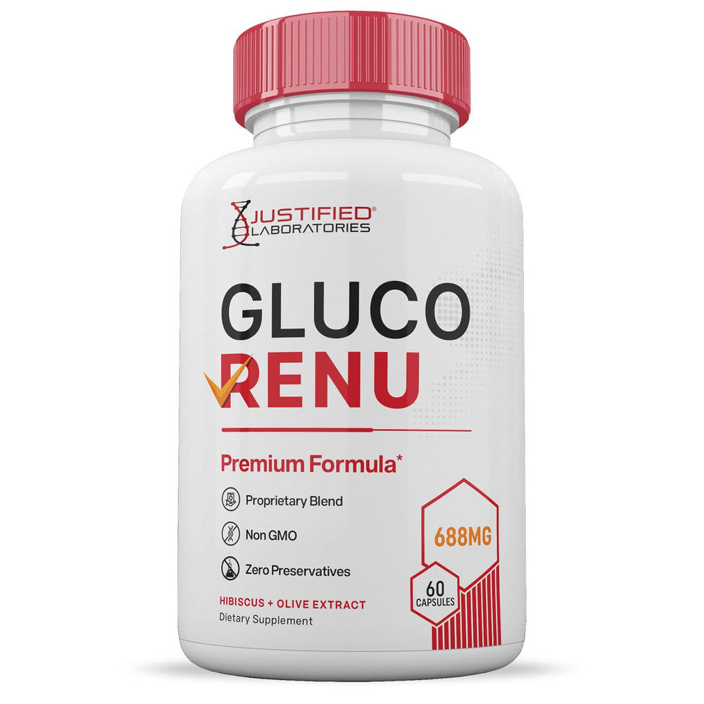 Gluco Renu tablets beside garlic and juniper illustration.