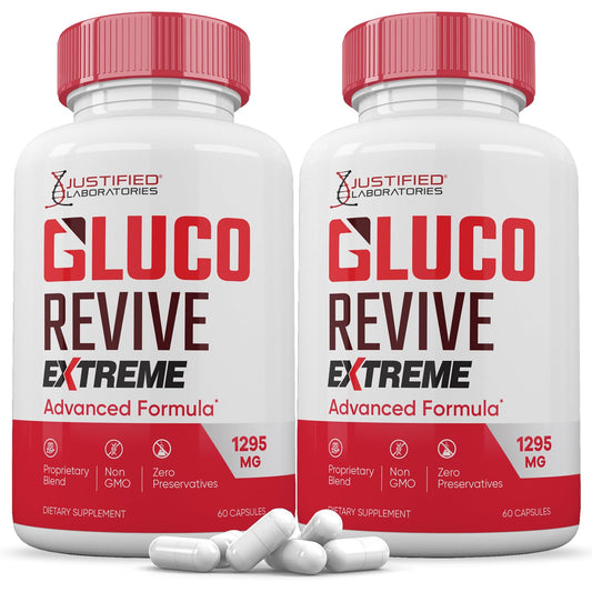Justified Laboratories Gluco Revive Extreme bottle front highlighting the premium herbal blend