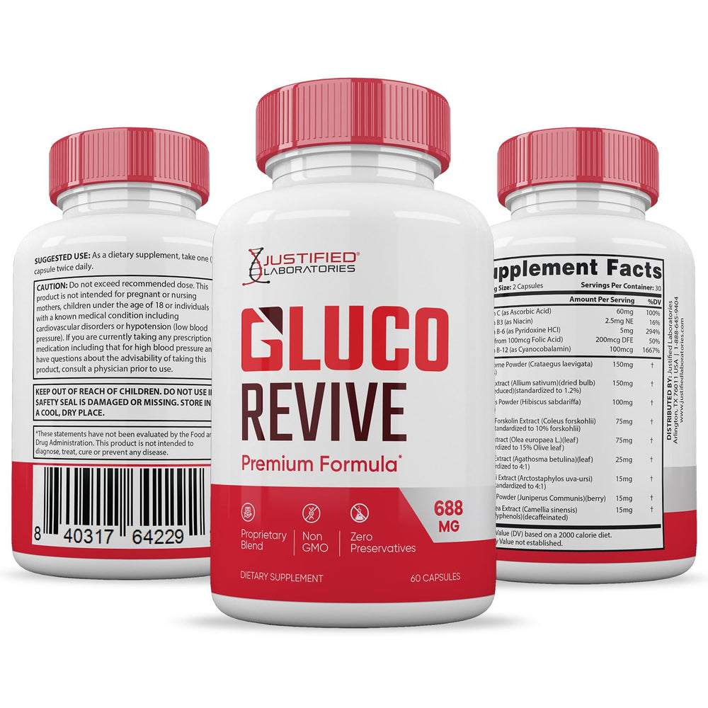 Justified Laboratories Gluco Revive pills packaging and ingredients emphasize natural botanicals.