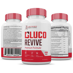 Justified Laboratories Gluco Revive pills packaging and ingredients emphasize natural botanicals.