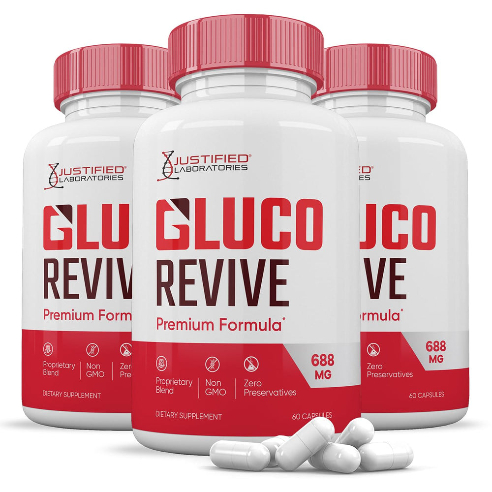Justified Laboratories Gluco Revive pills bottle highlights premium formula for daily wellness support.