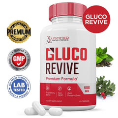 Justified Laboratories Gluco Revive pills label shows 688mg blend and essential vitamins.