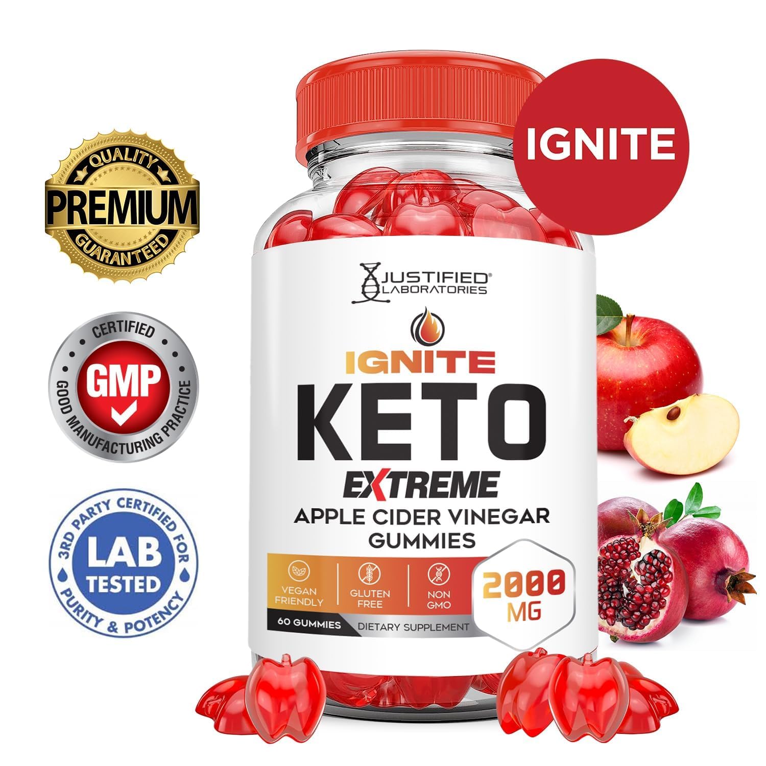Justified Laboratories Ignite Keto ACV Gummies ingredients panel with beet juice and B12