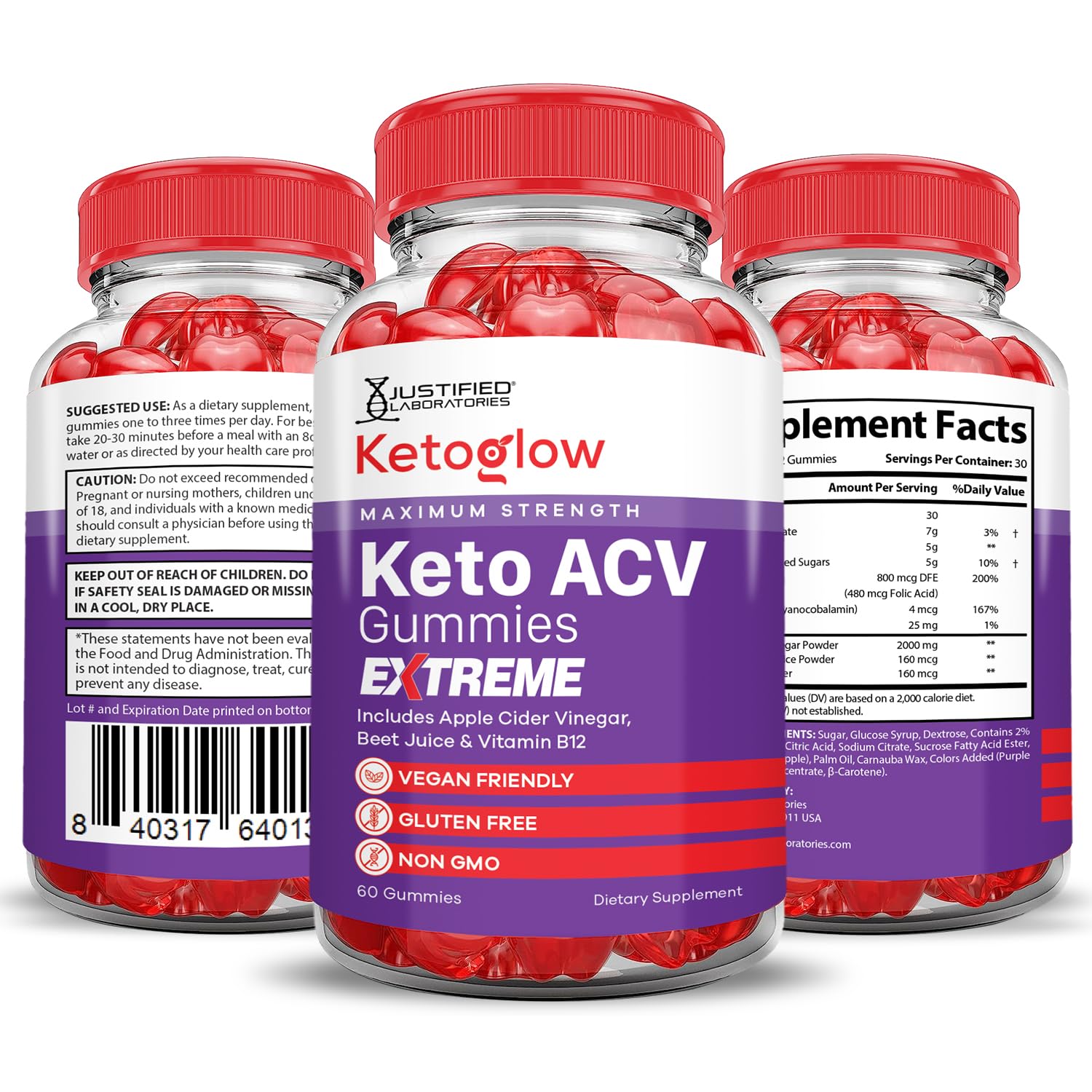 Justified Laboratories Keto Glow ACV Gummies package with label and ingredients.