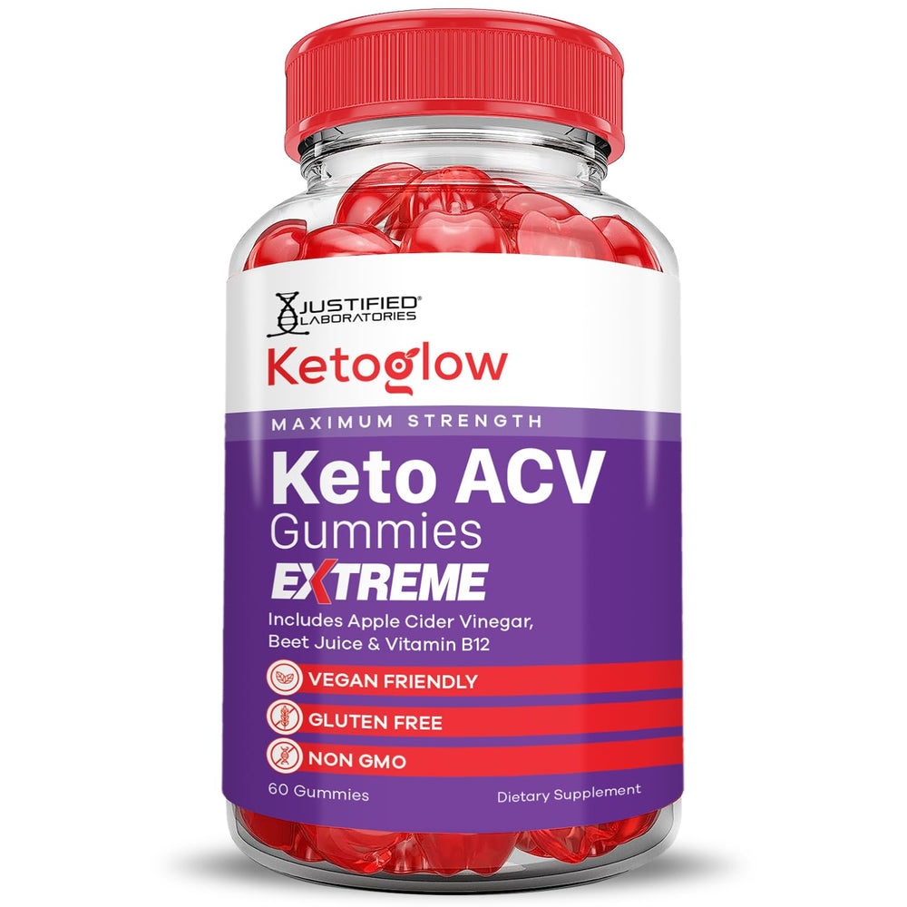 Justified Laboratories Keto Glow ACV Gummies jar label emphasizes vegan, non-GMO quality.