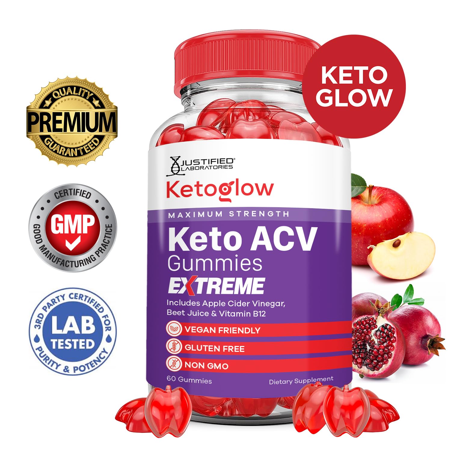 Justified Laboratories Keto Glow ACV Gummies close-up highlights gummy texture and flavor.