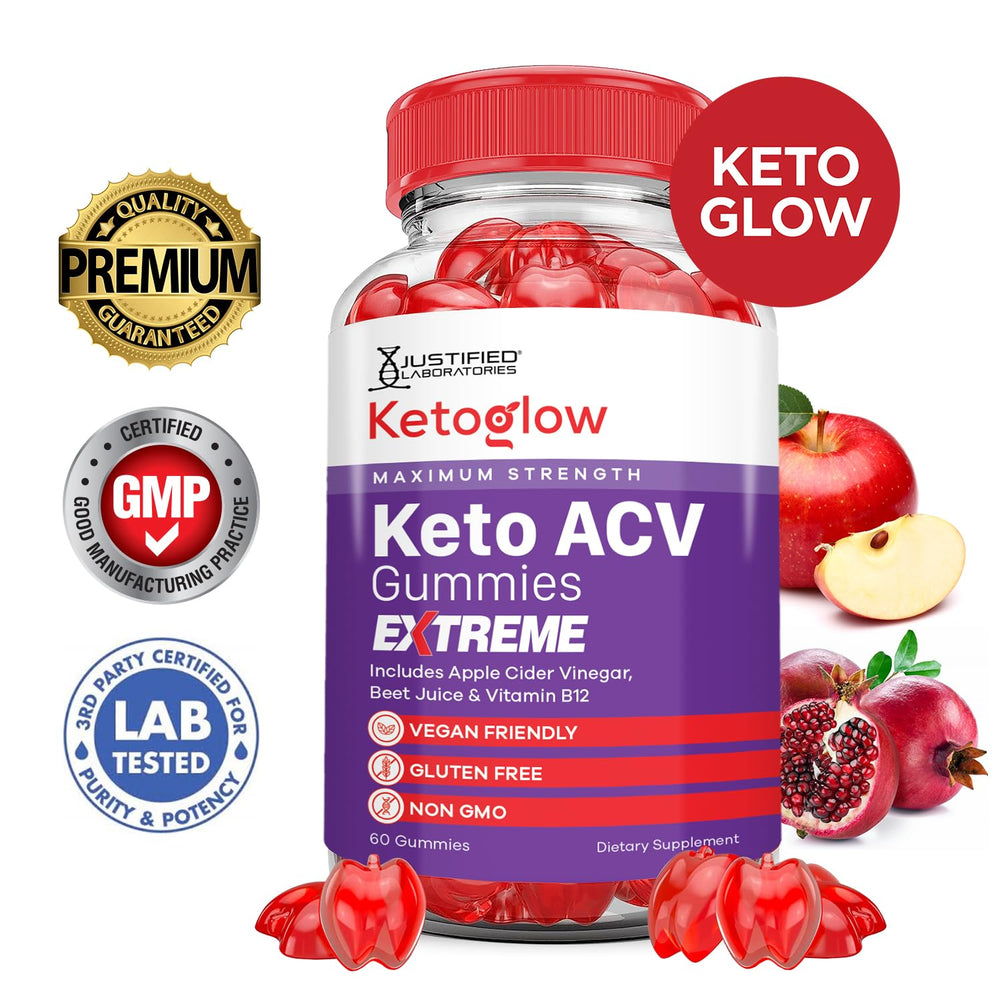 Justified Laboratories Keto Glow ACV Gummies close-up highlights gummy texture and flavor.