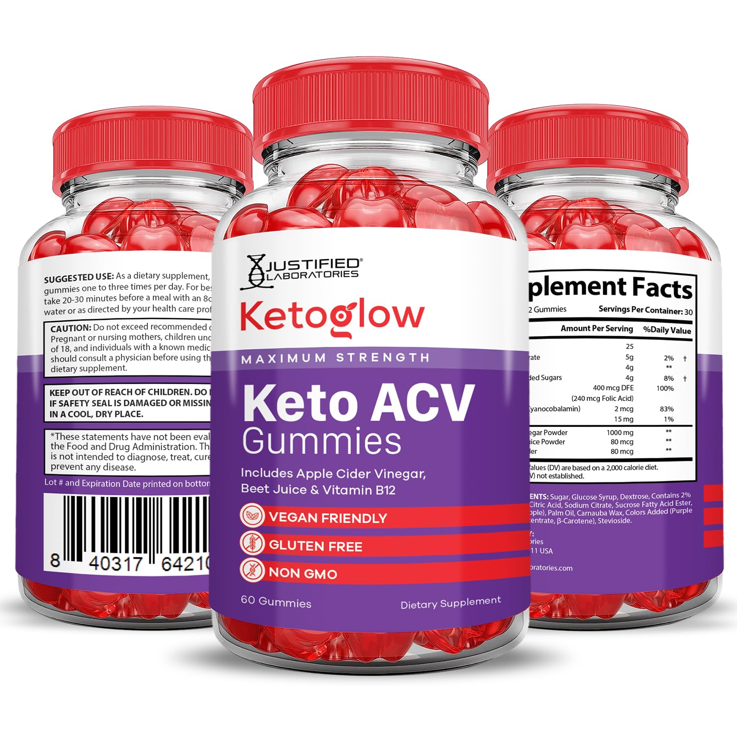 Justified Labs Keto Glow ACV Gummies 2-pack packaging.