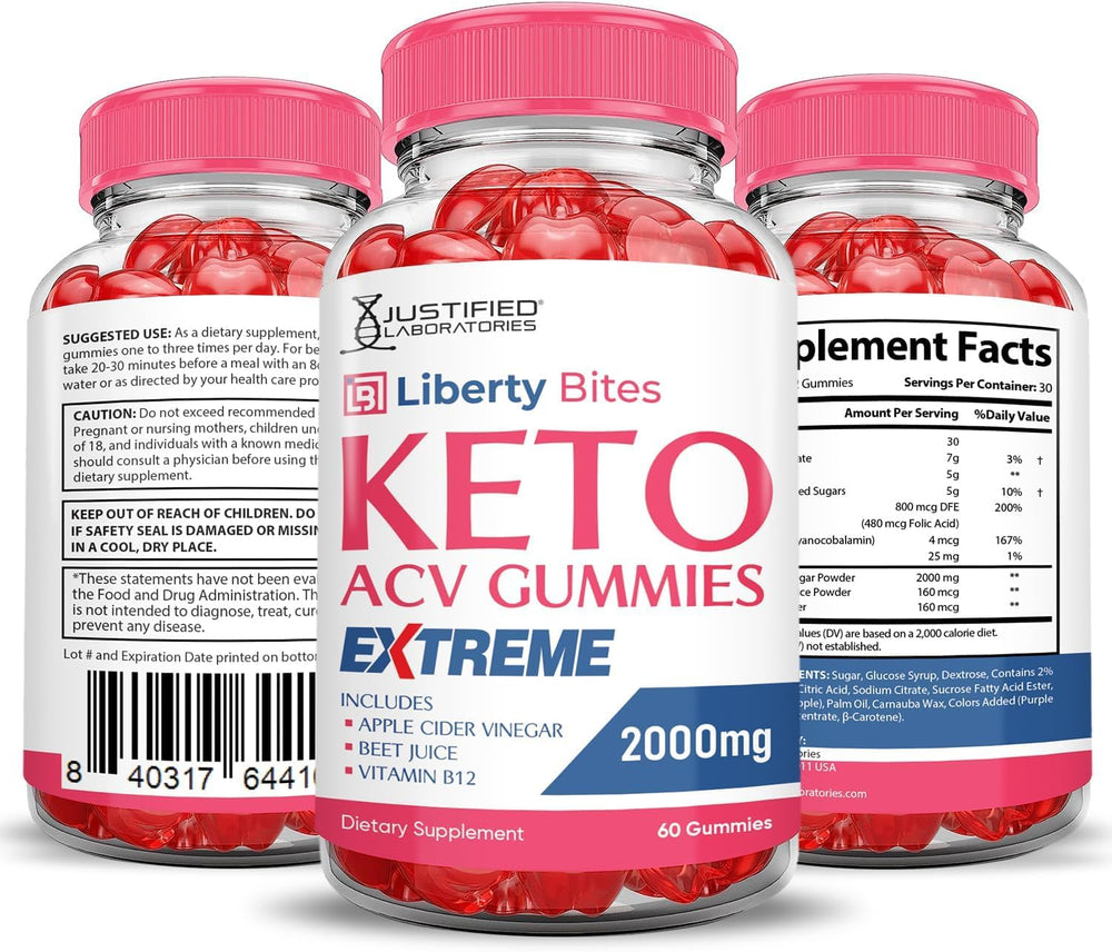 Justified Laboratories Liberty Bites Keto ACV Gummies label emphasizing natural ingredients.
