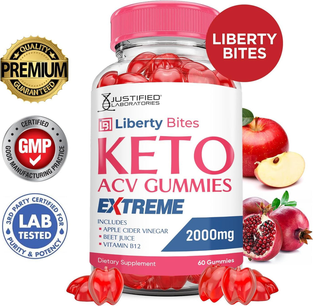 Justified Laboratories Liberty Bites Keto ACV Gummies jar highlighting B12 enrichment for energy.