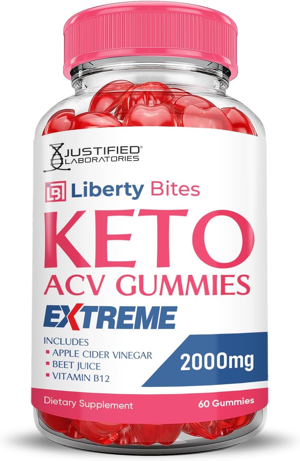 Justified Laboratories Liberty Bites Keto ACV Gummies packaging front highlighting vegan and non-GMO.