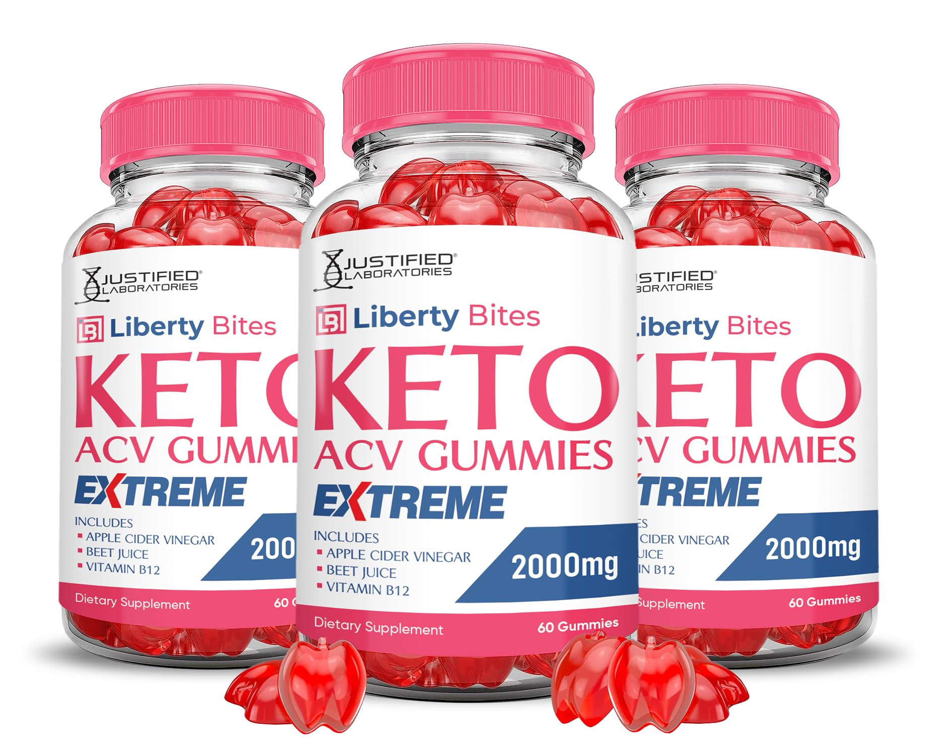 Justified Laboratories Liberty Bites Keto ACV Gummies Extreme bottle close-up for on-the-go snacking.
