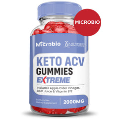 Close-up of Justified Laboratories Microbio Keto ACV Gummies showing chewy texture and color.