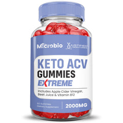 Justified Laboratories Microbio Keto ACV Gummies with beet juice and pomegranate ingredients for flavor.