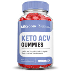 Justified Laboratories Microbio Keto ACV Gummies label highlights vegan and gluten-free options.