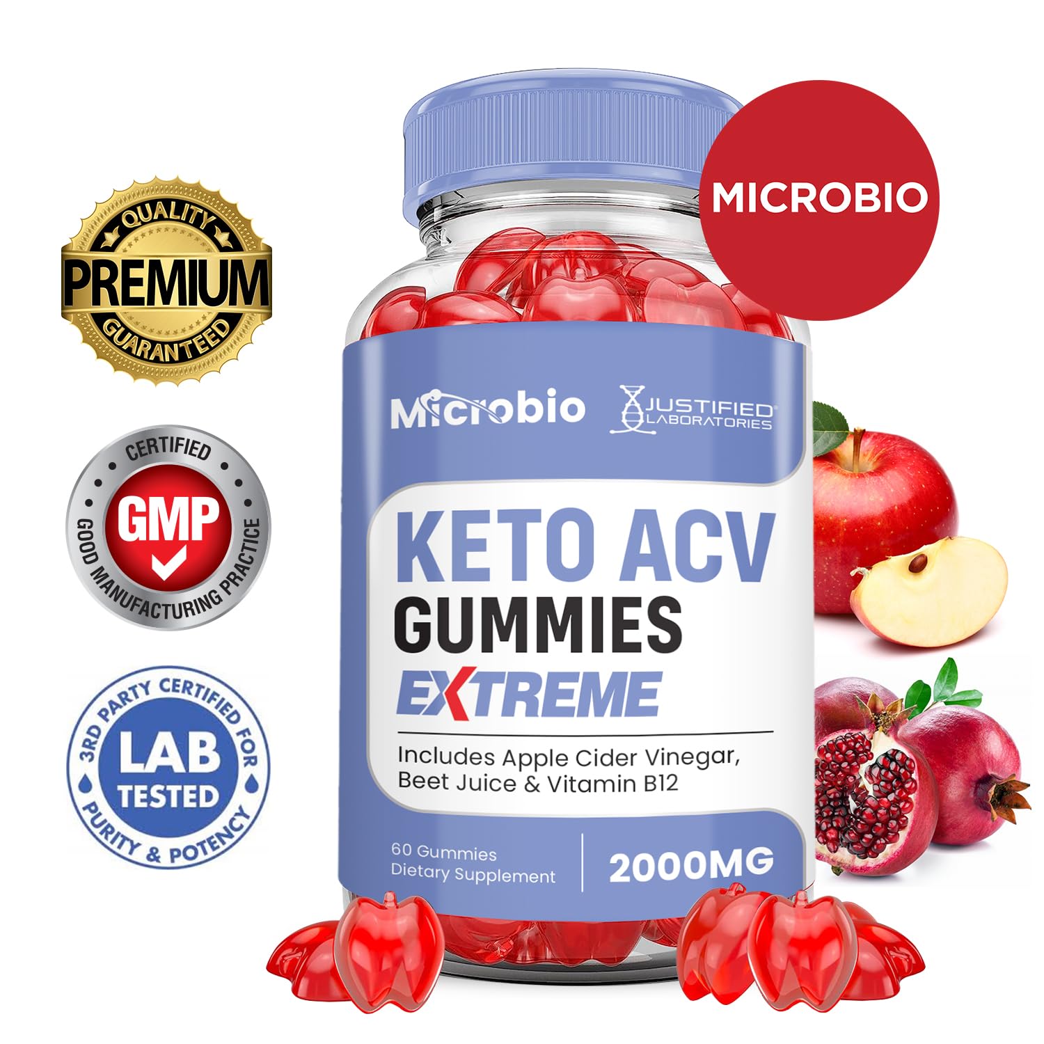 Justified Laboratories Microbio Keto ACV Gummies poured, ready for a tasty daily supplement.