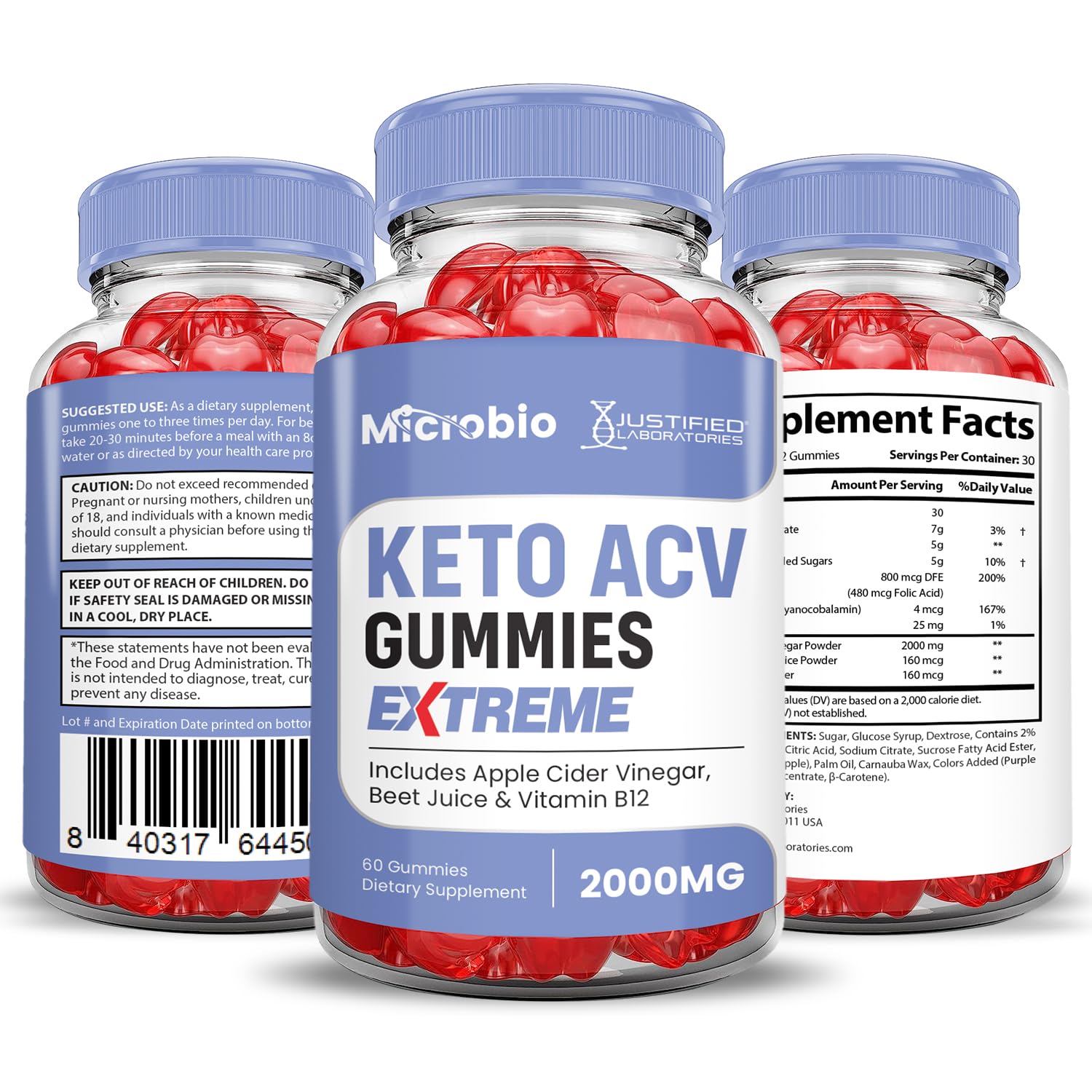 Justified Laboratories Microbio Keto ACV Gummies packaging emphasizes vegan and gluten-free options.