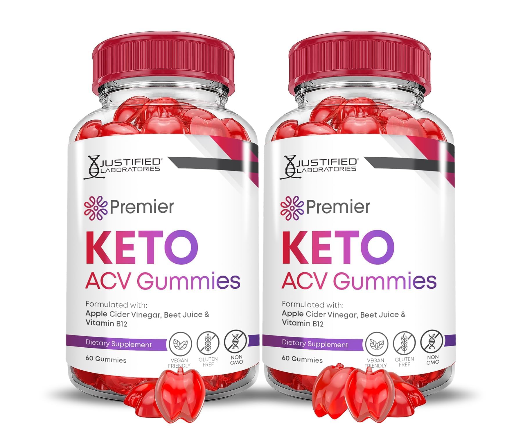Justified Laboratories Premier Keto ACV Gummies bottle shows vegan, non-GMO formula.