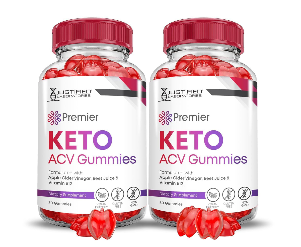 Justified Laboratories Premier Keto ACV Gummies bottle shows vegan, non-GMO formula.