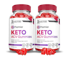 Justified Laboratories Premier Keto ACV Gummies bottle shows vegan, non-GMO formula.