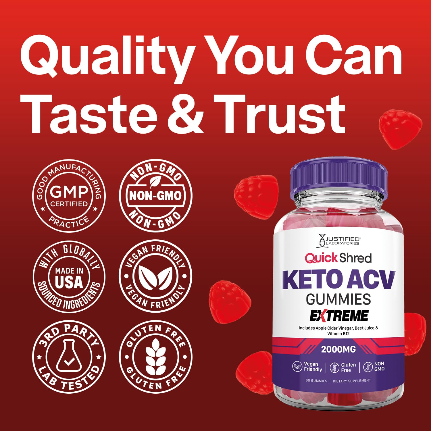 Justified Laboratories Quick Shred gummies B12 and folate highlight energy support