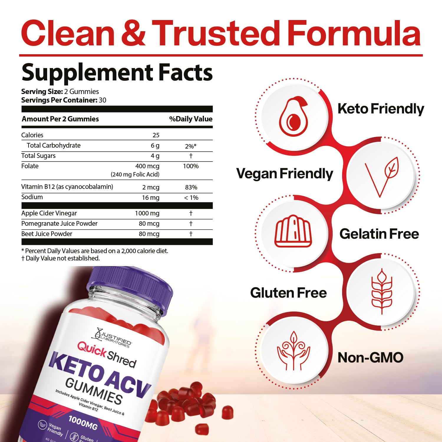 Justified Laboratories vegan, non-GMO, gluten-free gummies with gluten-free label.